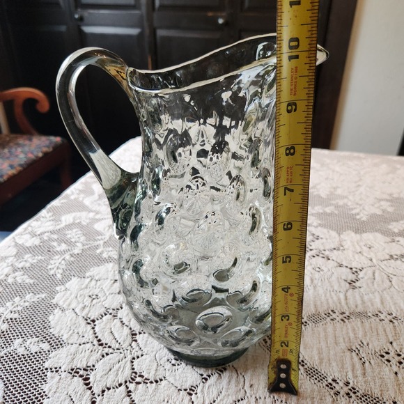Grey Hand-Blown Glass Pitcher Thumbprint, Coin dot pattern - Picture 2 of 5
